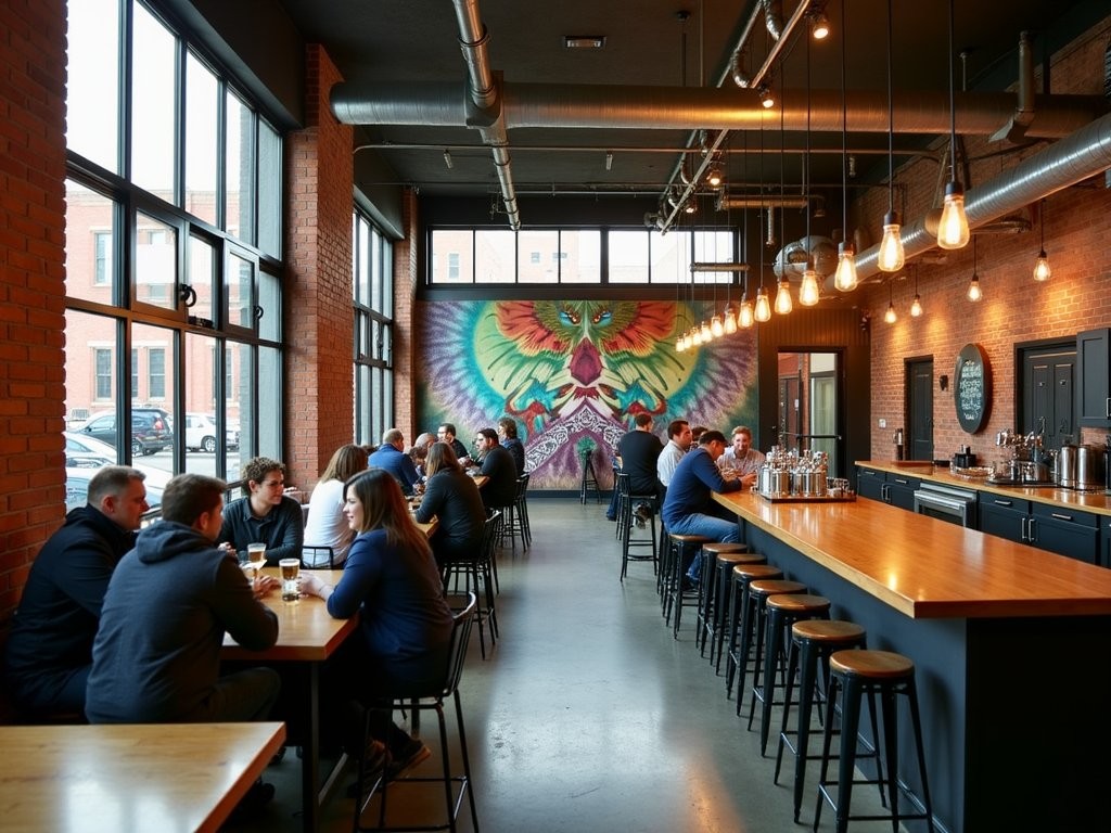 Industrial-chic brewery taproom in RiNo with colorful street art and beer flights