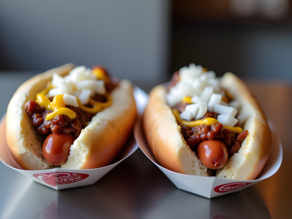 Side-by-side comparison of Detroit Coney dogs from American and Lafayette Coney Island restaurants