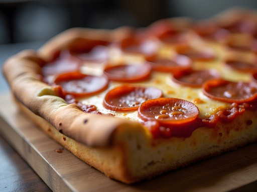 Close-up of Detroit-style pizza showing caramelized cheese edges and racing stripes of sauce