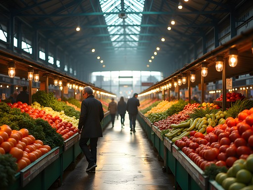 Colorful produce displays at Detroit's Eastern Market with shoppers browsing