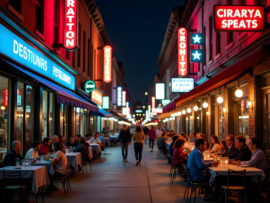 Nighttime view of Monroe Street in Detroit's Greektown with illuminated signs and diners