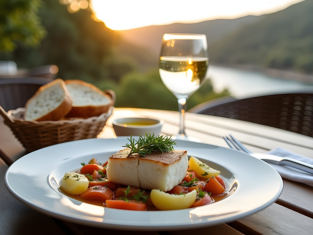 Traditional Portuguese food and Douro wine pairing at riverside restaurant