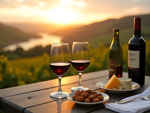 Wine tasting experience overlooking Douro Valley vineyards at sunset