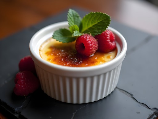 Golden caramelized crème brûlée with fresh berries at Patisserie Margo in Eagan