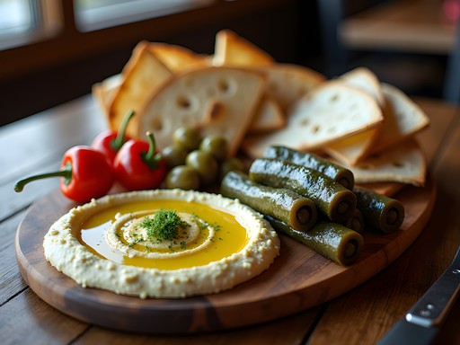 Colorful Mediterranean mezze platter with hummus, olives, and fresh pita at Ansari's Mediterranean Grill