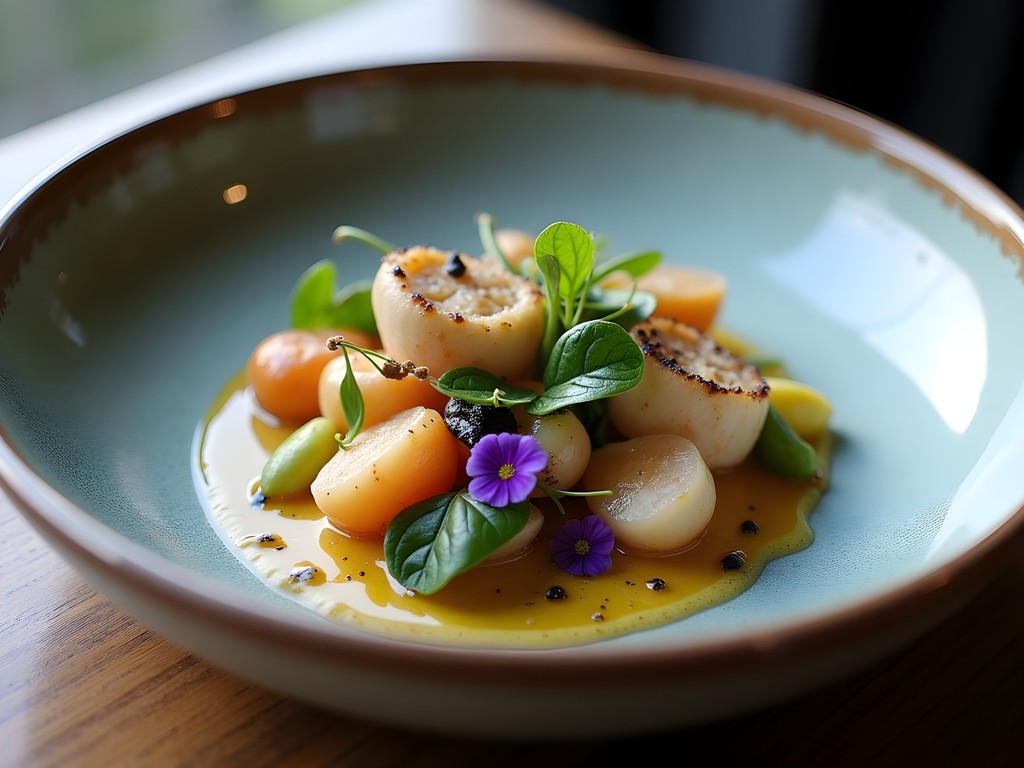 Modern Scottish cuisine dish featuring local ingredients at Fhior restaurant in Edinburgh