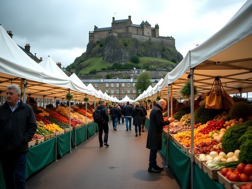 Edinburgh Farmers Market with Edinburgh Castle looming dramatically in the background