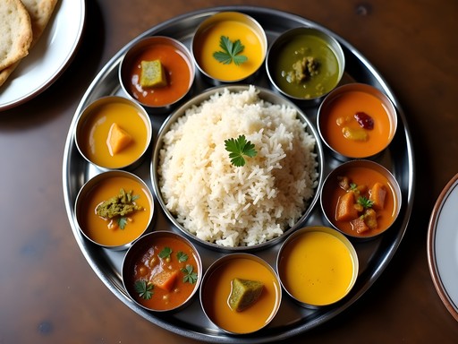 Colorful Gujarati thali platter with multiple dishes and bread