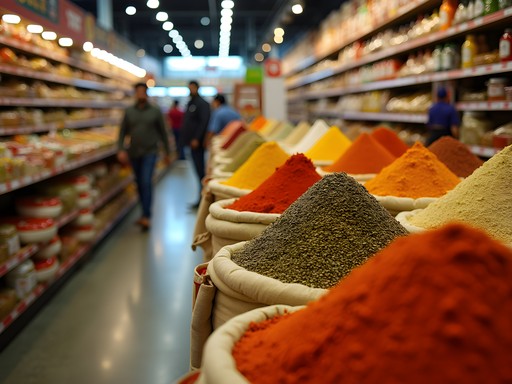 Colorful bulk spices in large bins at Indian grocery store in Edison
