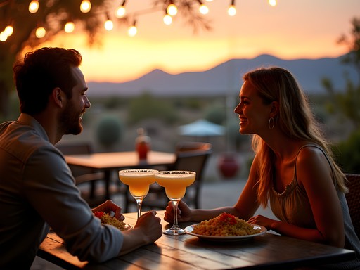 Couple enjoying sunset dining with El Paso mountain backdrop