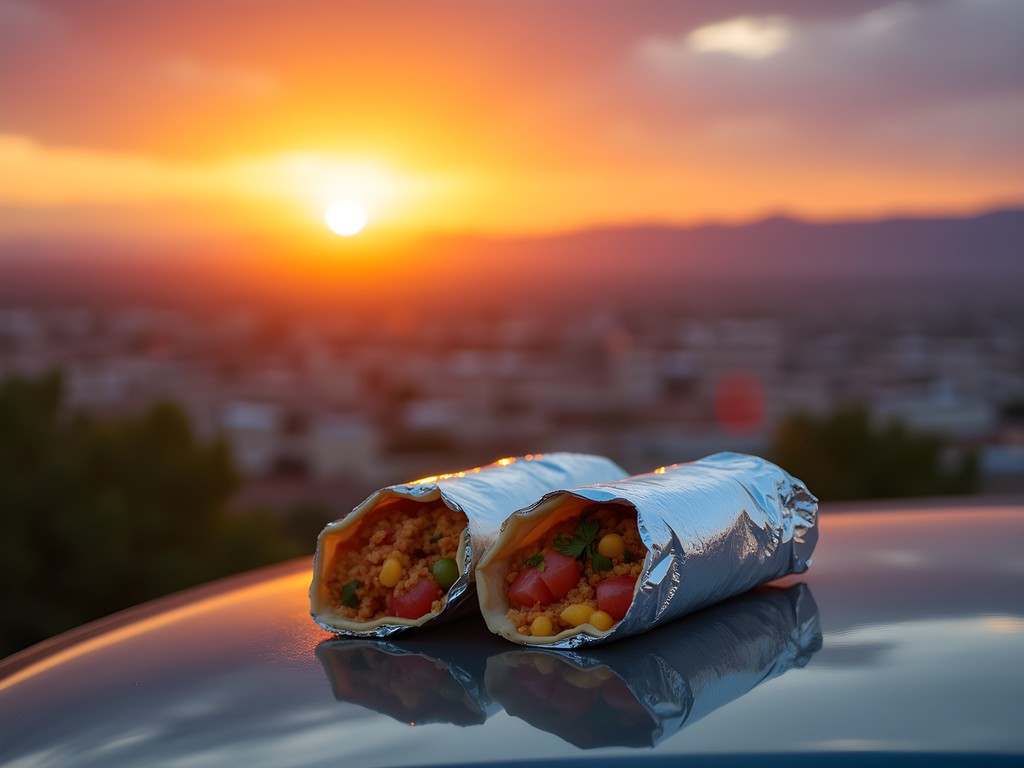 Breakfast burritos with El Paso and Juarez cityscape at sunrise from Scenic Drive