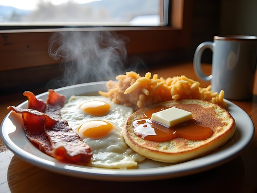Hearty cowboy breakfast with eggs, bacon, and sourdough pancakes at Coffee Mug restaurant in Elko