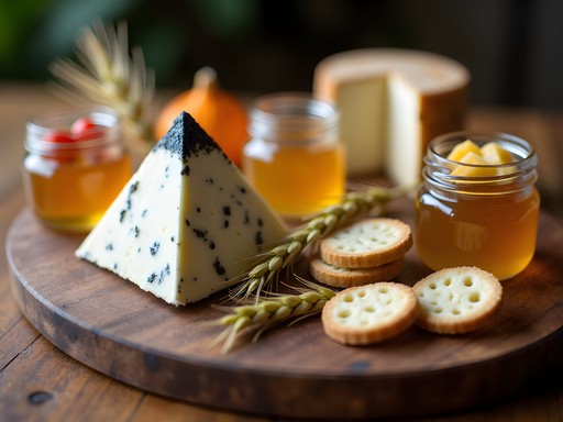 Artisanal cheese tasting board with local Oklahoma cheeses, honey and heritage wheat crackers