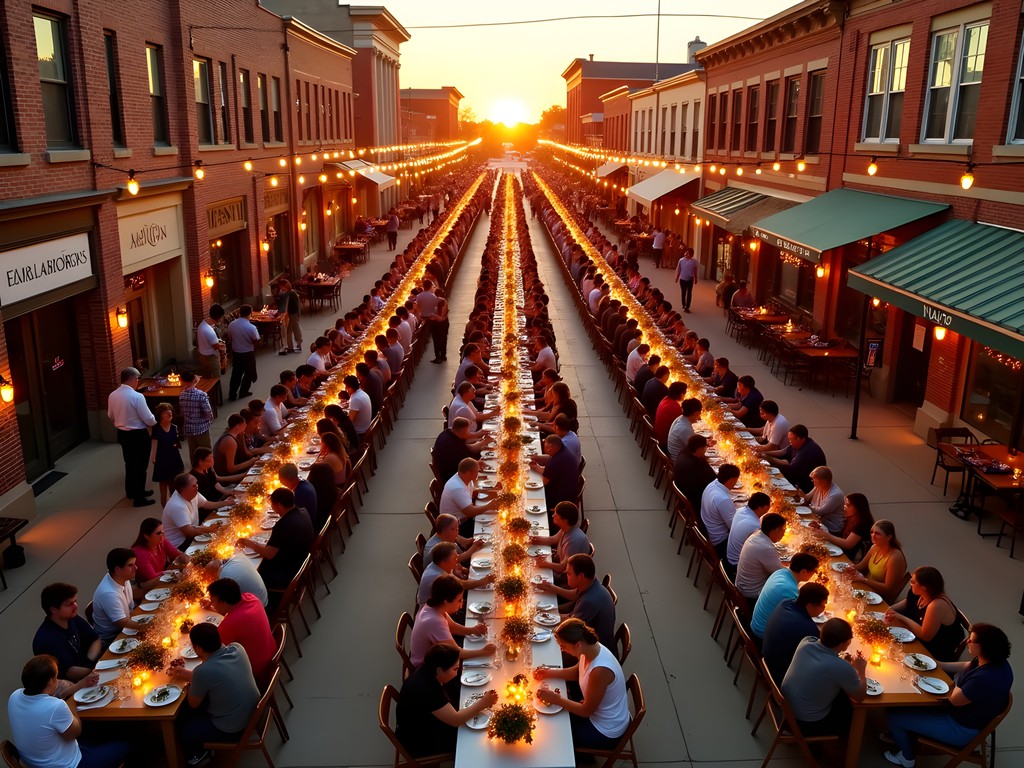 Community harvest dinner with long tables set up along Enid's historic downtown square at sunset