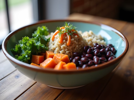 Colorful vegan Oklahoma Land Run Bowl with local black beans, sweet potatoes and kale in rustic ceramic bowl