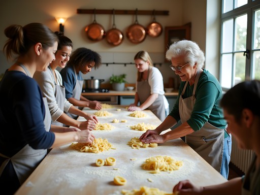 Italian cooking class in Fairmont with participants learning traditional pasta making techniques