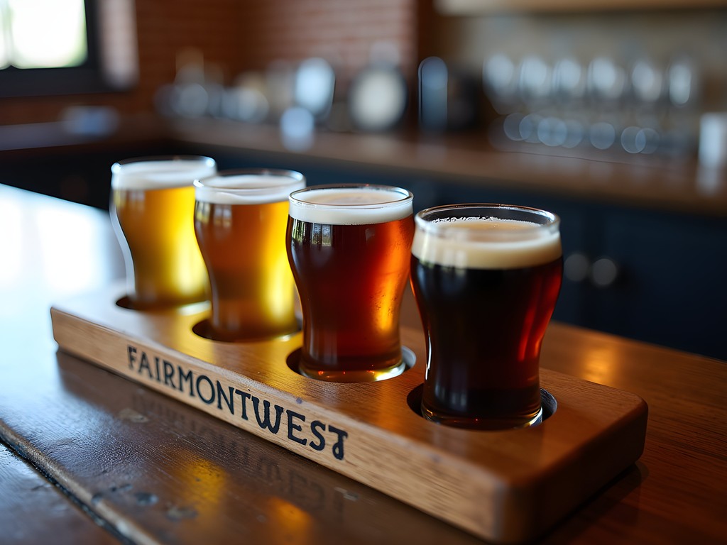 Craft beer flight at Short Story Brewing in Fairmont with various beer styles in tasting glasses
