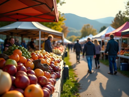 Vibrant fall produce display at Fairmont Farmers Market with colorful squash, apples and pumpkins