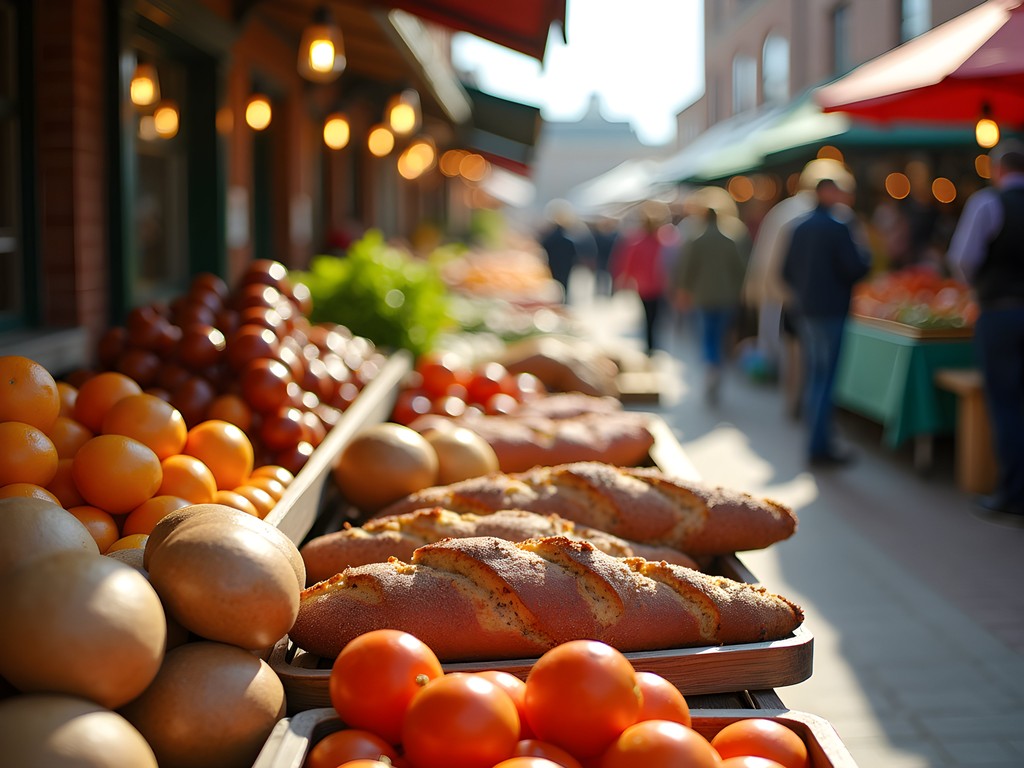 Colorful fall produce displays at Fayetteville Farmers' Market with local vendors and shoppers