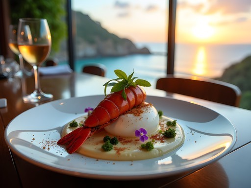 Elegant seafood dish served at cliffside restaurant with sunset view over Fernando de Noronha