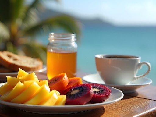 Colorful tropical fruit breakfast spread featuring exotic Brazilian fruits at Fernando de Noronha pousada