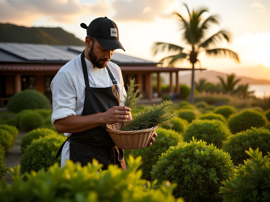 Chef harvesting herbs from sustainable garden at eco-friendly restaurant in Fernando de Noronha