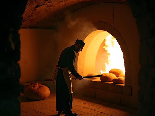 Traditional Moroccan communal bread oven with baker using long wooden paddle in Fez medina