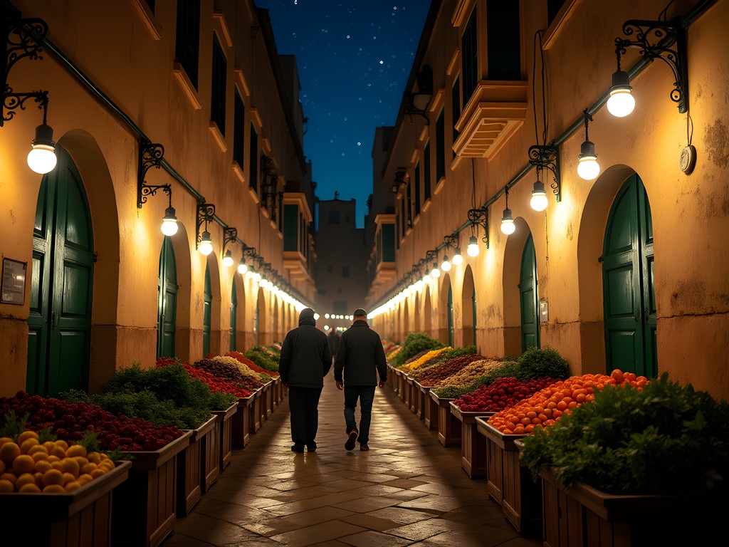 Atmospheric night market in R'cif square with vendors selling fresh produce under string lights
