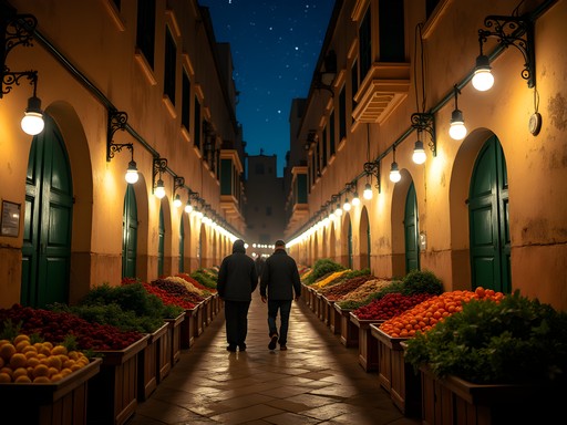 Atmospheric night market in R'cif square with vendors selling fresh produce under string lights