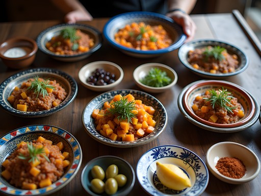 Colorful spread of Moroccan salads and tagine ingredients being prepared on traditional ceramic dishes