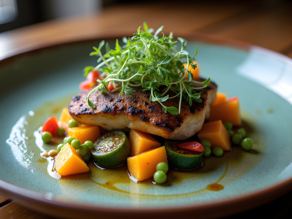 Beautifully plated farm-to-table Southern dish with seasonal vegetables and proteins