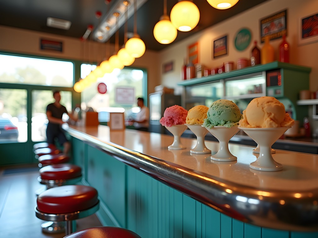 Historic Trowbridge's Ice Cream Parlor interior with vintage counter and classic ice cream dishes in Florence, Alabama
