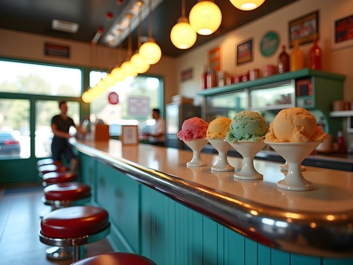 Historic Trowbridge's Ice Cream Parlor interior with vintage counter and classic ice cream dishes in Florence, Alabama