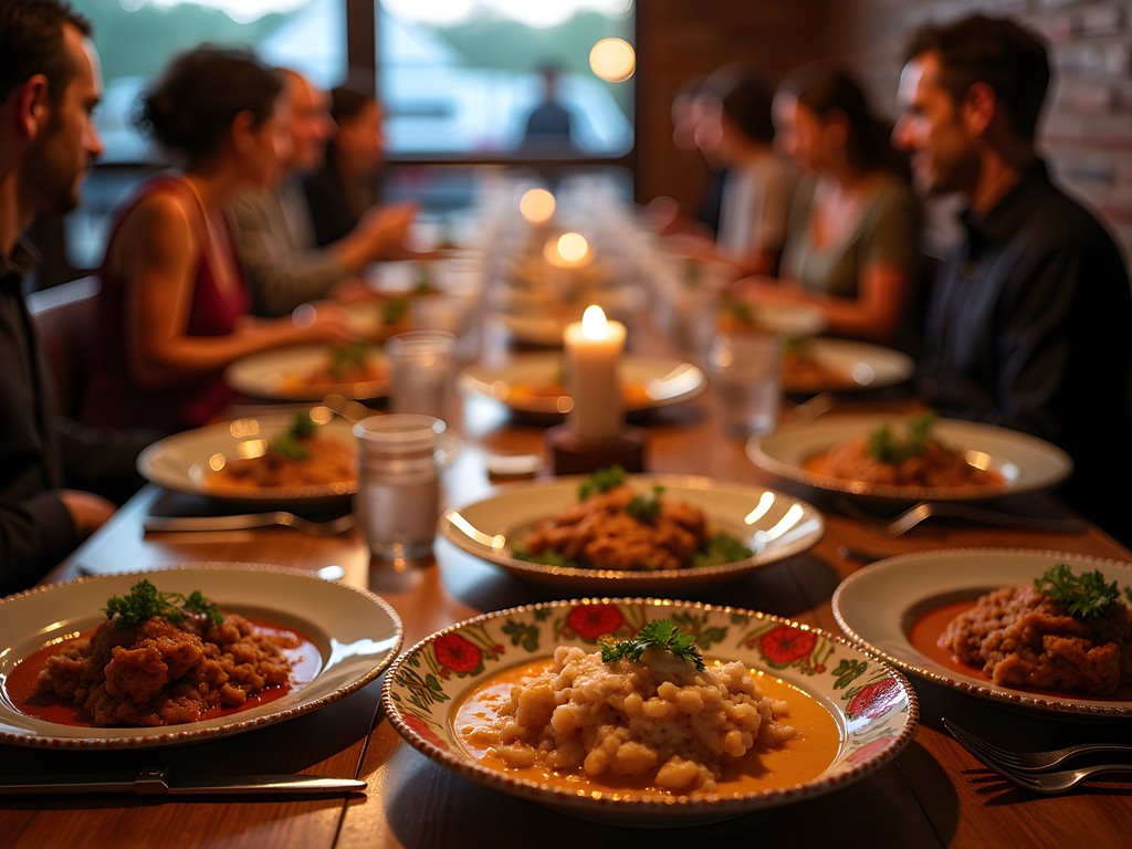 Communal dining table at Magdalena's supper club with colorful Mexican-inspired dishes
