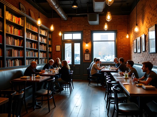 Cozy interior of a Franklin café with bookshelves and live music setup