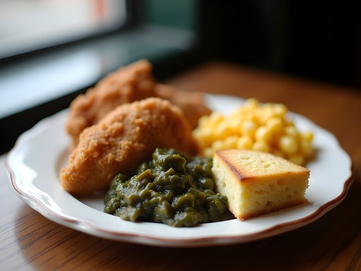 Classic Southern meat and three plate with fried chicken, collard greens, mac and cheese, and cornbread