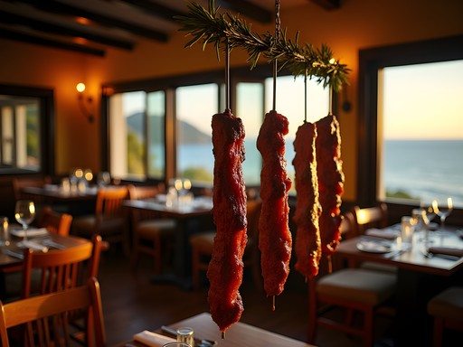 Traditional Madeiran espetada beef skewers hanging vertically at restaurant in Funchal