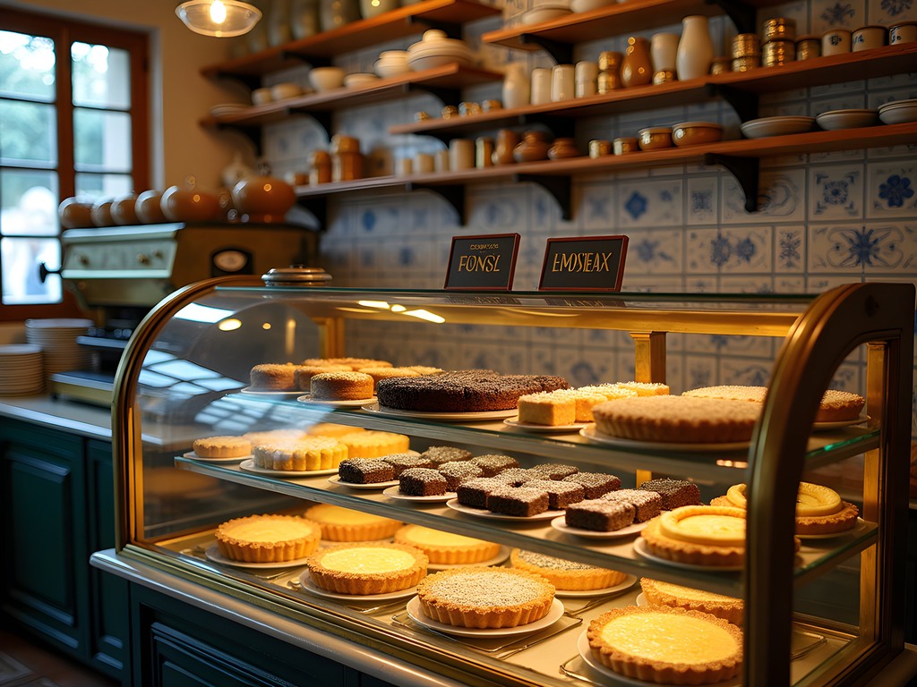 Display case of traditional Madeiran pastries including bolo de mel and queijadas at historic Funchal bakery