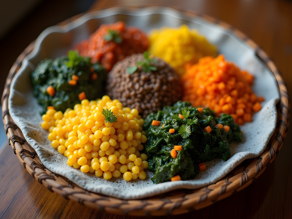 Colorful Ethiopian vegetarian combo served on traditional injera bread at Gaithersburg restaurant