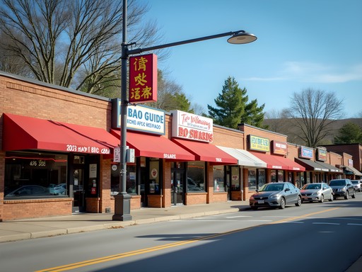Diverse restaurant storefronts along Gaithersburg's International Boulevard showing multiple ethnic cuisines