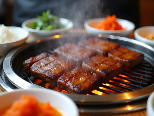 Sizzling Korean BBQ galbi short ribs cooking on tabletop grill with colorful banchan side dishes
