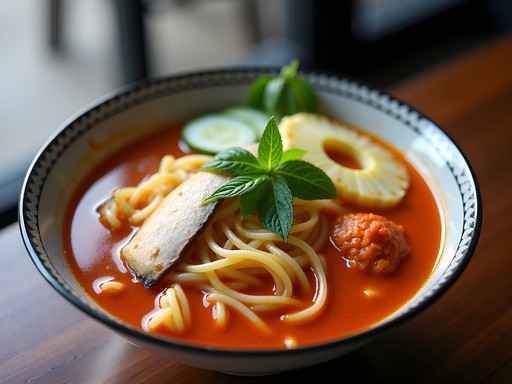 Bowl of Penang laksa with Avery Bennett analyzing its components