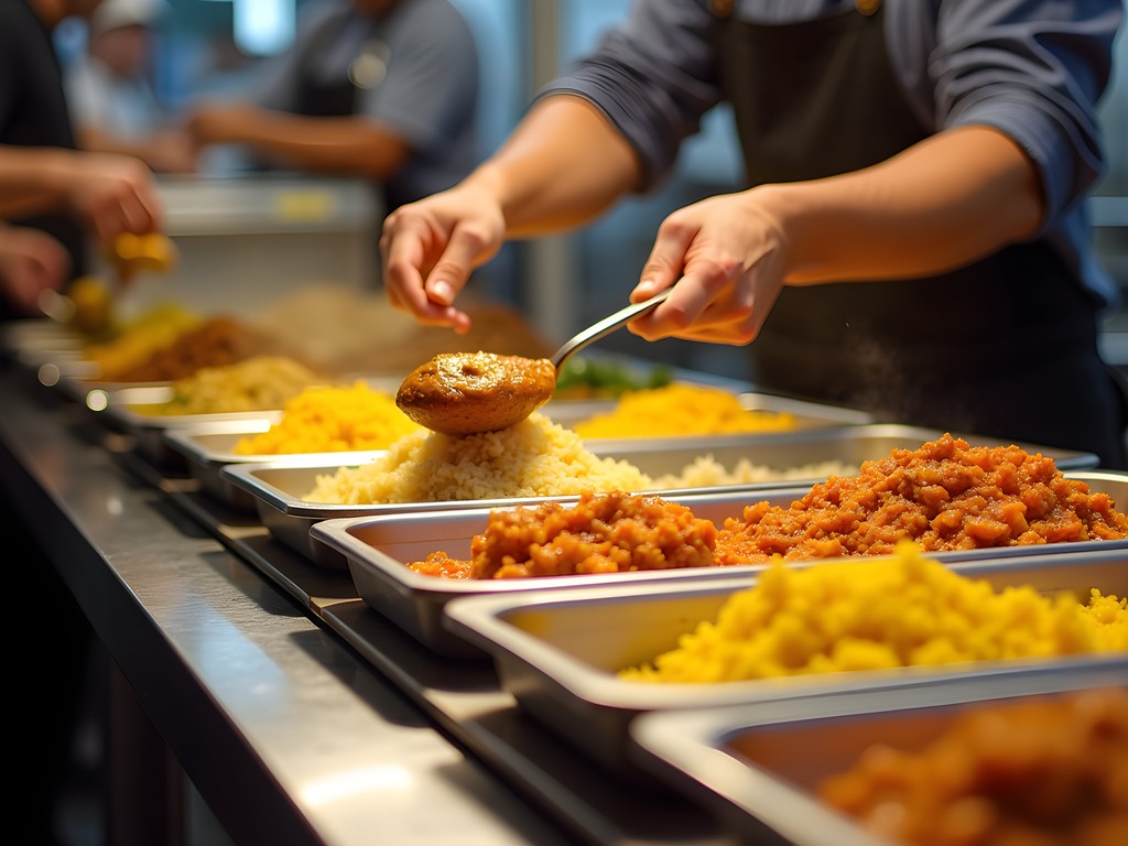 Colorful array of curries at Line Clear Restaurant's nasi kandar counter