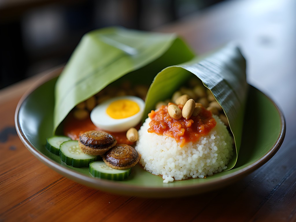 Traditional Malay nasi lemak wrapped in banana leaf