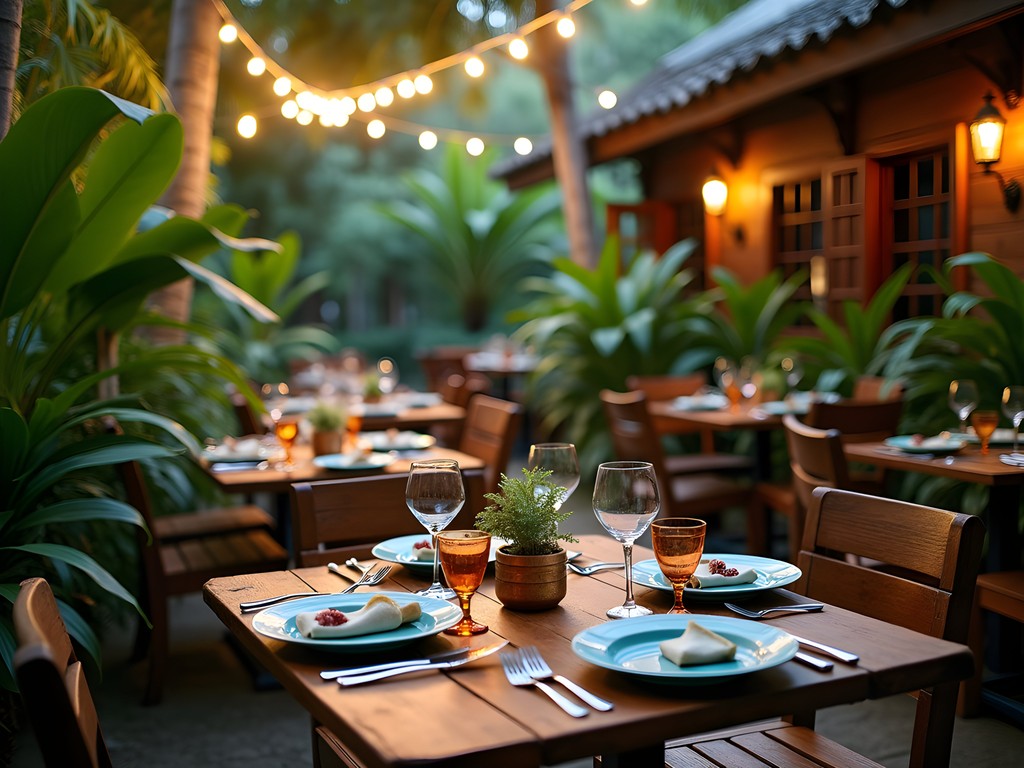 Romantic garden dining setting at Backyard Café in Georgetown, Guyana