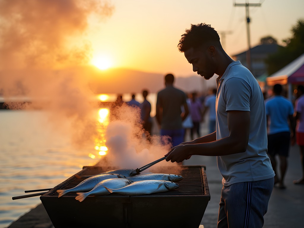 Local street food vendor grilling fish along Georgetown's Sea Wall at sunset