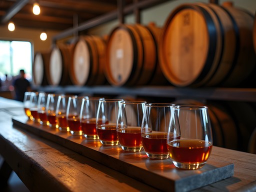 Rum tasting experience at a historic Georgetown distillery showing aged wooden barrels