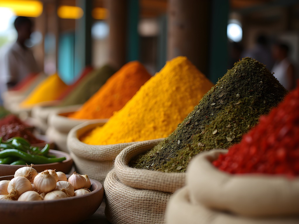 Colorful array of Haitian spices and epis ingredients at Gonaïves central market
