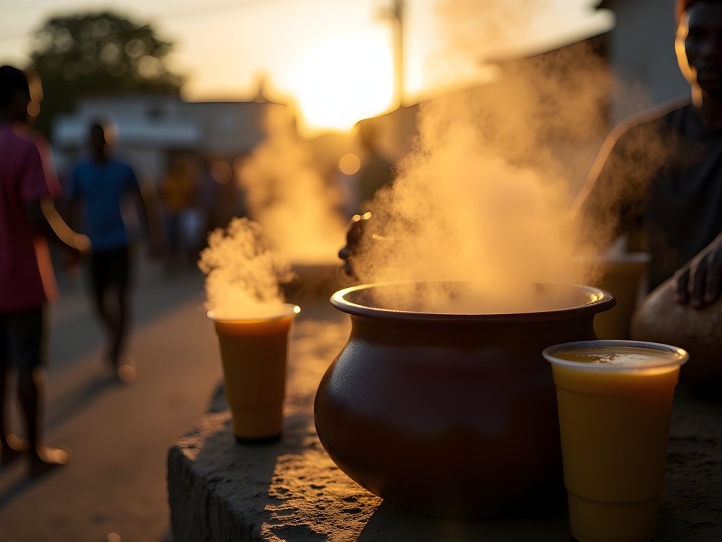 Early morning akasan vendor in Gonaïves with steam rising from traditional pots