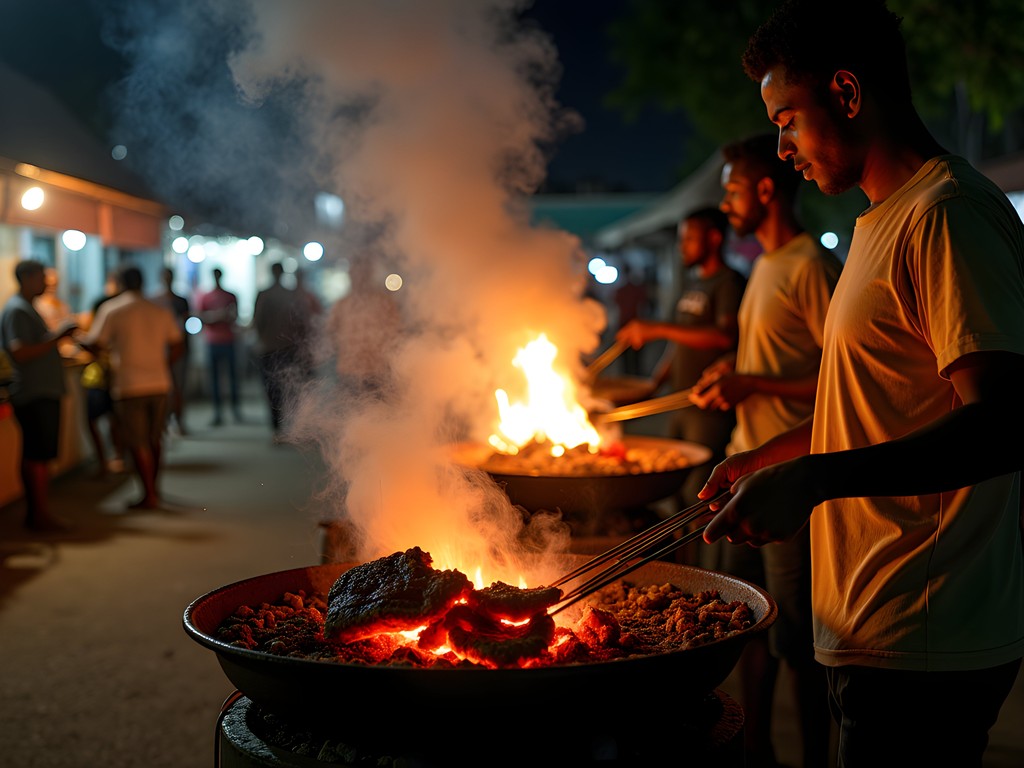 Night scene of street food vendors grilling griyo (fried pork) in Gonaïves with glowing charcoal fires